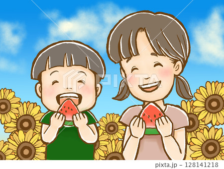 夏のひまわり畑でスイカを楽しむ子どもたちのオリジナルイラスト 夏のひまわり畑でスイカを楽しむ子どもたちのオリジナルイラスト 128141218