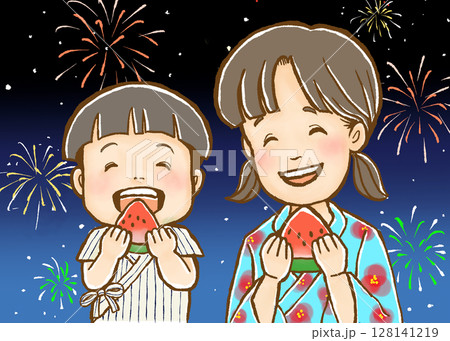 夏祭りの夜にスイカを食べて笑う子どもたちのオリジナルイラスト 夏祭りの夜にスイカを食べて笑う子どもたちのオリジナルイラスト 128141219