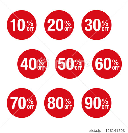10%OFFから90%OFF までの文字入りイラストのセット 円形に白文字 背景透過 赤色 10%OFFから90%OFF までの文字入りイラストのセット 円形に白文字 背景透過 赤色 128141298