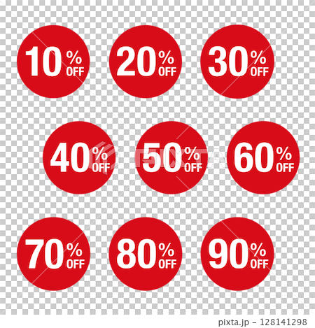 10%OFFから90%OFF までの文字入りイラストのセット 円形に白文字 背景透過 赤色 10%OFFから90%OFF までの文字入りイラストのセット 円形に白文字 背景透過 赤色 128141298