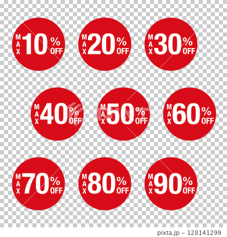 Set of illustrations with text ranging from MAX 10% OFF to MAX 90% OFF. White text in a circle, transparent background, red 128141299