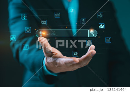 Search with AI Assistant; SEO Search Engine Optimization Concept. AI SEO icons on websites to rank search engines or perform SEO. search on screen. Artificial Intelligence data technology 128141464