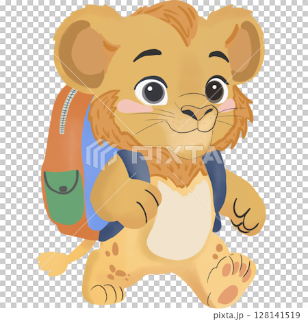 Cute cartoon lion student going to school with backpack. Cute cartoon lion student going to school with backpack. 128141519