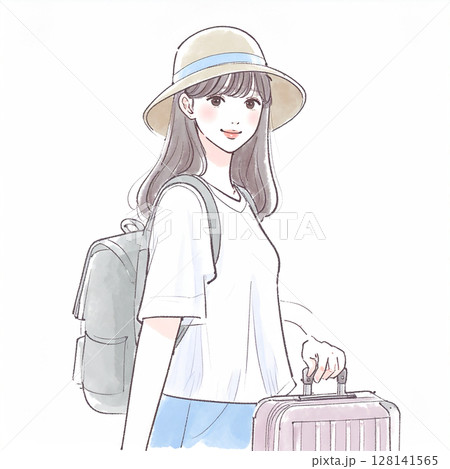 旅を楽しむ女性のイラスト素材 128141565