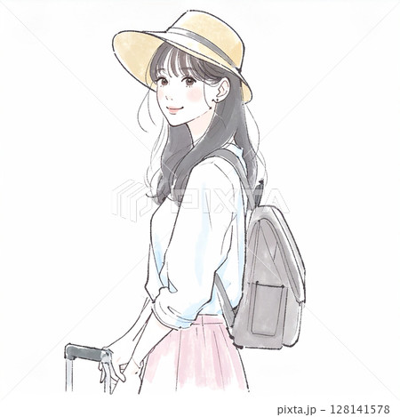 旅を楽しむ女性のイラスト素材 128141578