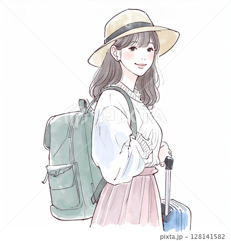 旅を楽しむ女性のイラスト素材 128141582