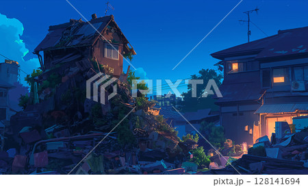夜の住宅近くのゴミの山、アニメ風 128141694