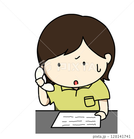 焦りながら電話をしている女性のイラスト 128141741
