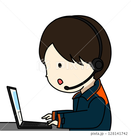 ヘッドセットをつけて対応している消防管制室の通信指令員のイラスト ヘッドセットをつけて対応している消防管制室の通信指令員のイラスト 128141742