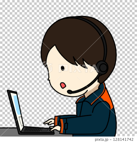 ヘッドセットをつけて対応している消防管制室の通信指令員のイラスト ヘッドセットをつけて対応している消防管制室の通信指令員のイラスト 128141742