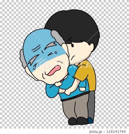 Illustration of a caregiver administering the Heimlich maneuver to an elderly person who has choked due to aspiration Illustration of a caregiver administering the Heimlich maneuver to an elderly person who has choked due to aspiration 128141744