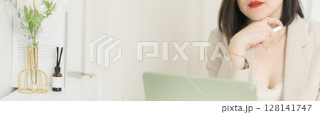asian business and writer woman smile and happy during think new idea and meeting online asian business and writer woman smile and happy during think new idea and meeting online 128141747