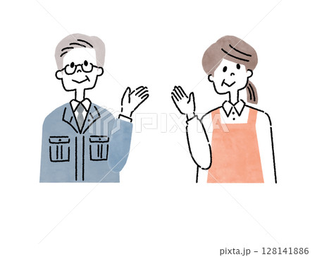 働くシニアの男女が案内するポーズをしているアイコンイラスト 128141886