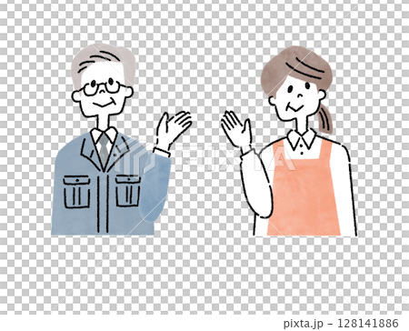 働くシニアの男女が案内するポーズをしているアイコンイラスト 128141886