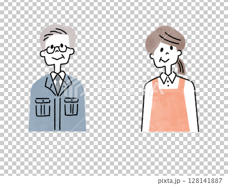 Icon illustration of a senior man wearing work clothes and a senior woman wearing an apron Icon illustration of a senior man wearing work clothes and a senior woman wearing an apron 128141887
