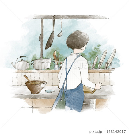 キッチンと、料理する女性の後ろ姿 128142017