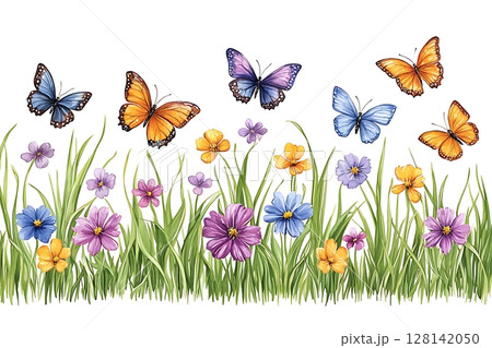 Colorful Butterflies Dancing Among Vibrant Flowers in a Lush Green Meadow Landscape 128142050