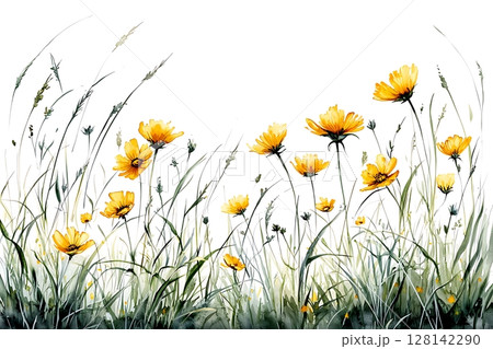 Vibrant Yellow Wildflowers Amidst Soft Green Grass in a Beautiful Watercolor Painting 128142290