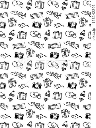 かわいい手描きの旅行イメージ背景モノクロパターン 128142291