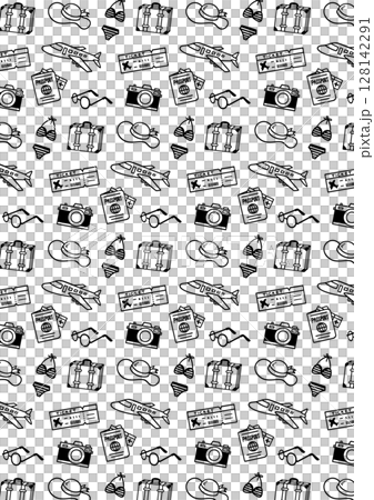 かわいい手描きの旅行イメージ背景モノクロパターン 128142291