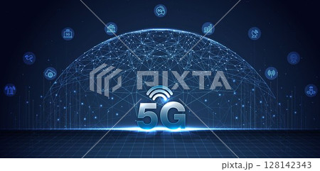 5G network wireless internet Wi-fi connection and internet of things with modern city skyline. Smart city and communication network concept. High speed, broadband telecommunication. vector design. 128142343