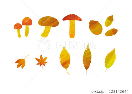 水彩風の秋の素材セット　紅葉した落ち葉、どんぐり、キノコのベクターイラスト 128142644