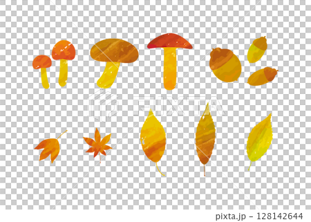 水彩風の秋の素材セット　紅葉した落ち葉、どんぐり、キノコのベクターイラスト 128142644