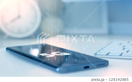 Hand holding smartphone with 5G icon and global network interface, representing high-speed wireless technology, digital connectivity, IoT, and future communication concept. communication network. 128142865