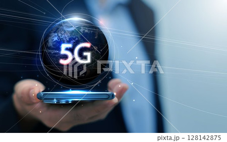 5G symbol new wireless internet wifi connection. Fifth innovative generation of the global high speed Internet network using modern digital devices. Elements of this image furnished by NASA. 128142875