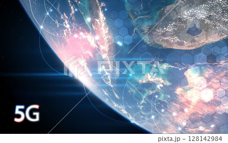 Global 5G network wireless systems and internet technology concept. smart city communication network. 5G wireless mobile internet wifi connection data. Elements of this image furnished by NASA. Global 5G network wireless systems and internet technology concept. smart city communication network. 5G wireless mobile internet wifi connection data. Elements of this image furnished by NASA. 128142984