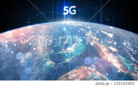 Global 5G network wireless systems and internet technology concept. smart city communication network. 5G wireless mobile internet wifi connection data. Elements of this image furnished by NASA. 128142985