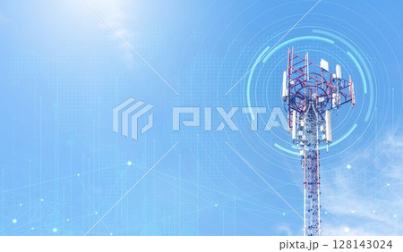 Telecommunication tower against blue sky with digital wireless network and futuristic technology interface for 5G, internet, and global data connection concept. communication network. Telecommunication tower against blue sky with digital wireless network and futuristic technology interface for 5G, internet, and global data connection concept. communication network. 128143024