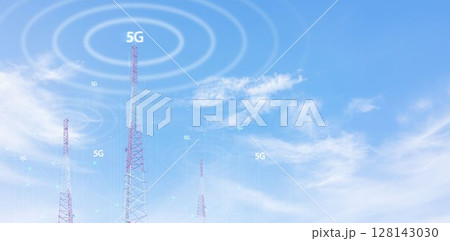 Telecommunication tower against blue sky with digital wireless network and futuristic technology interface for 5G, internet, and global data connection concept. communication network. 128143030