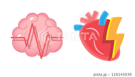 Heart with thunderbot and Brain with Electroencephalography or EEG . CPR and first aid emergency rescue concept . Isolated on white background . Vector . Heart with thunderbot and Brain with Electroencephalography or EEG . CPR and first aid emergency rescue concept . Isolated on white background . Vector . 128143039
