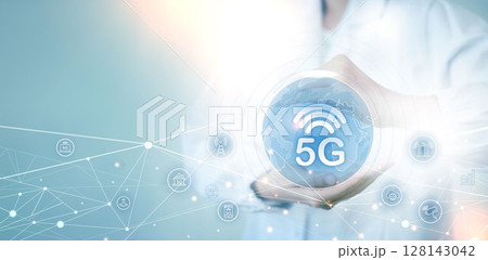 5G symbol new wireless internet wifi connection. Fifth innovative generation of the global high speed Internet network using modern digital devices. 5G symbol new wireless internet wifi connection. Fifth innovative generation of the global high speed Internet network using modern digital devices. 128143042