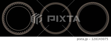 Collection of decorative gold round frames for design with Greek key, wave meander. Circle frame. Egyptian, Assyrian, Greek motif circular frame. Template for textiles, engraving, forging, embroidery Collection of decorative gold round frames for design with Greek key, wave meander. Circle frame. Egyptian, Assyrian, Greek motif circular frame. Template for textiles, engraving, forging, embroidery 128143075