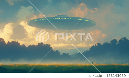 草原を飛行する巨大UFO、アニメ風 草原を飛行する巨大UFO、アニメ風 128143089