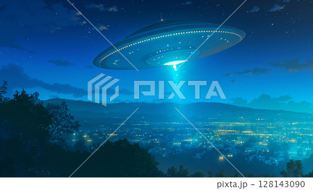 夜の街の上空を飛行するUFO、アニメ風 夜の街の上空を飛行するUFO、アニメ風 128143090
