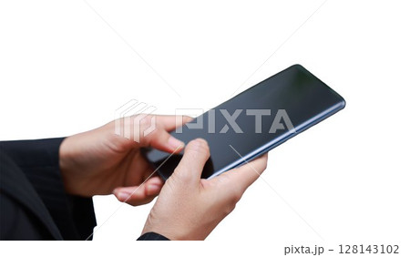 Businessman hand holding blank modern smartphone with large screen, isolated on white background, mockup template for app design, technology concept, clipping path included. 128143102
