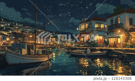 魅力的なギリシャの港町の夜景：きらめく光と静かな海に浮かぶボート 128143308