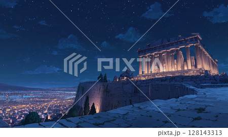 アテネの夜空に輝くパルテノン神殿:都市の光と星々が織りなす絶景 アテネの夜空に輝くパルテノン神殿:都市の光と星々が織りなす絶景 128143313