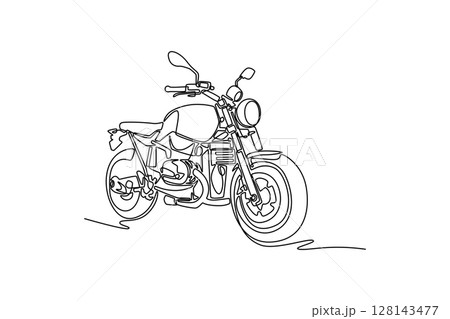Single continuous line drawing custom bobber motorbike parked in workshop garage. Old classic motorcycle featuring beautifully crafted chrome element. One line draw graphic design vector illustration 128143477