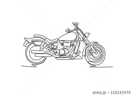 Single continuous line drawing side view of classic motorcycle standing on street city. Old motorcycle for touring or adventure in country or highway. One line draw graphic design vector illustration 128143478