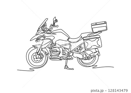 Single continuous line drawing side view classic luxury touring motorcycle parked in modern garage. Stylish custom motorbike for adventure or vacation. One line draw graphic design vector illustration 128143479