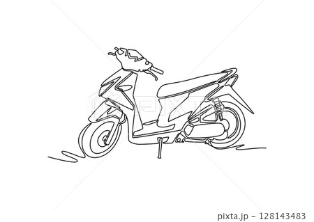Single one line drawing moped scooter parked on city street. Ecological urban transport. Modern motorcycle for daily routine citizen mobility. Continuous line draw design graphic vector illustration 128143483