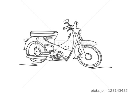 Single one line drawing vintage moped motorbike on white background. Community Asian urban citizen motorcycle for daily routine activity. Modern continuous line draw design graphic vector illustration Single one line drawing vintage moped motorbike on white background. Community Asian urban citizen motorcycle for daily routine activity. Modern continuous line draw design graphic vector illustration 128143485