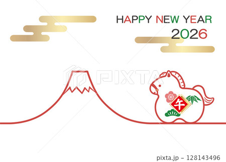 2026年 午年のマスコットと富士山の年賀状テンプレート 2026年 午年のマスコットと富士山の年賀状テンプレート 128143496