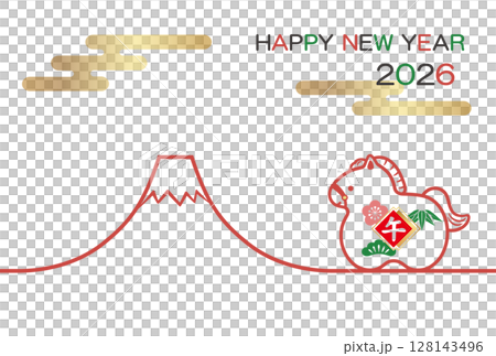 2026 New Year's card template with horse mascot and Mt. Fuji 128143496