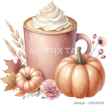 Coquette cozy autumn coffee with pumpkin and flowers 128143505