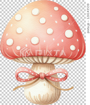 Coquette whimsical autumn mushroom with polka dot cap and bow Coquette whimsical autumn mushroom with polka dot cap and bow 128143539